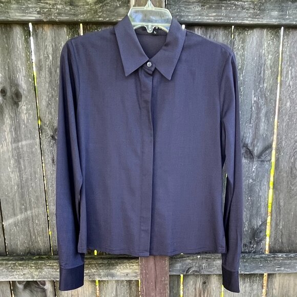 THEORY Rayon Wool Blend Long Sleeve Button Dress Work Shirt Blouse Large Medium - Picture 1 of 7